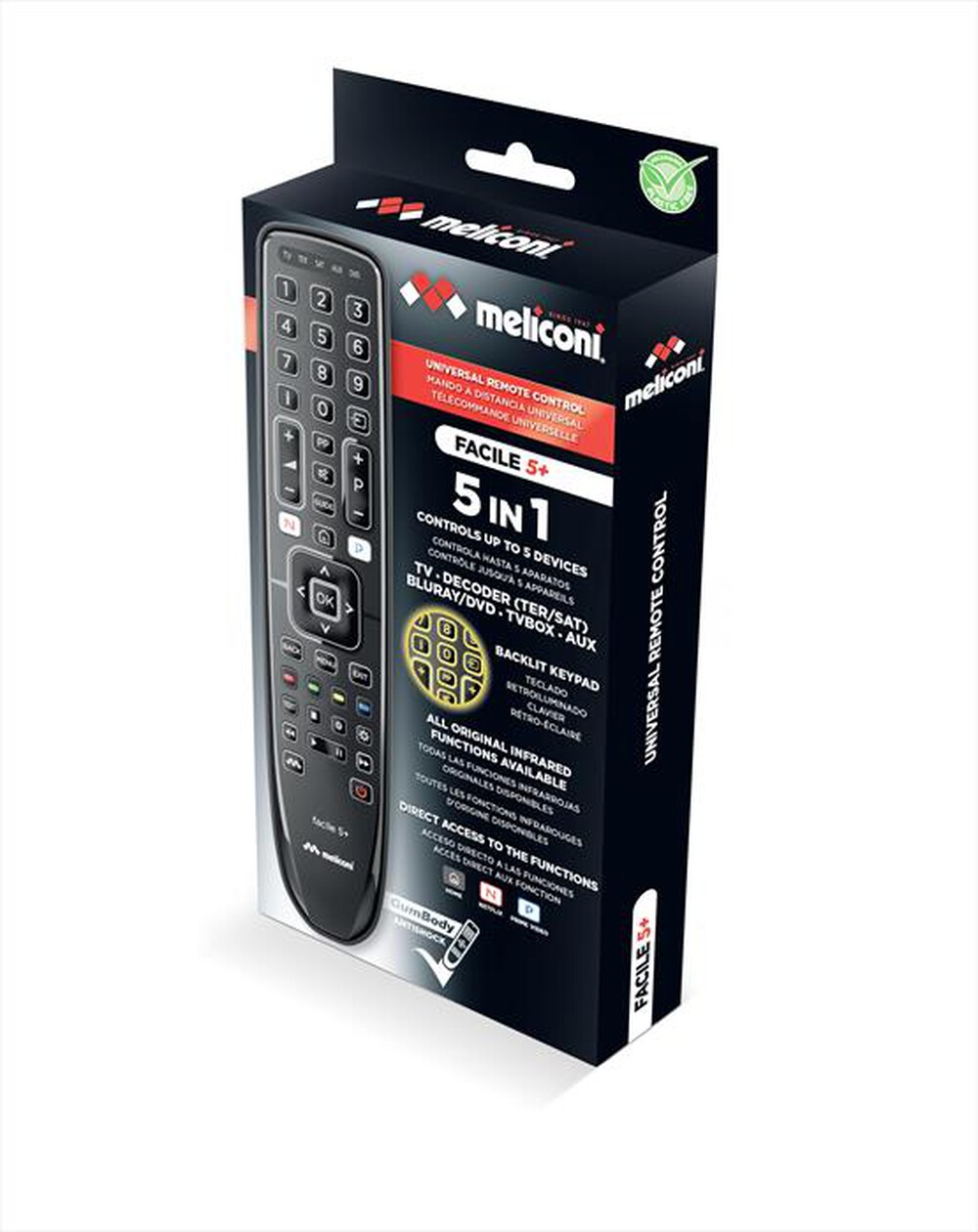 "MELICONI - Telecomando universale 5 in 1 GUMBODY FACILE 5+-Calotta ABS nera opaca con ins"