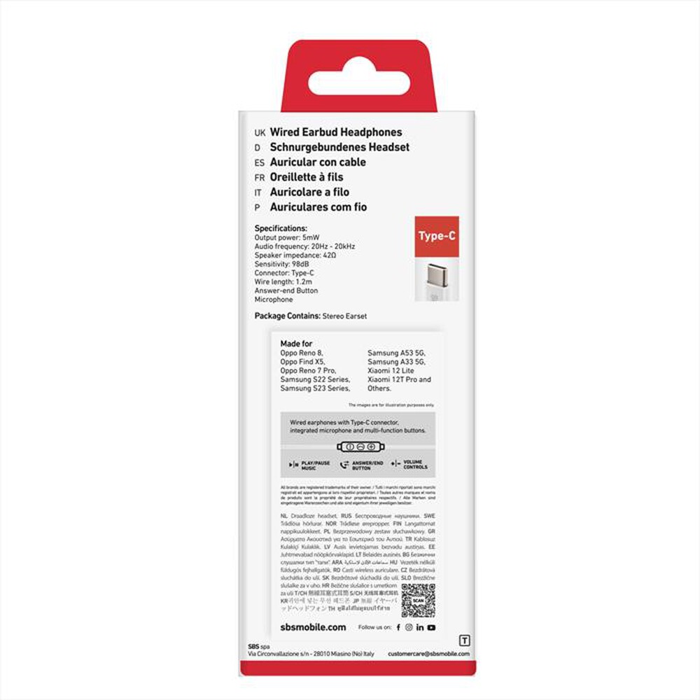 "SBS - Auricolare con filo TEEARTYCMETW-Bianco"