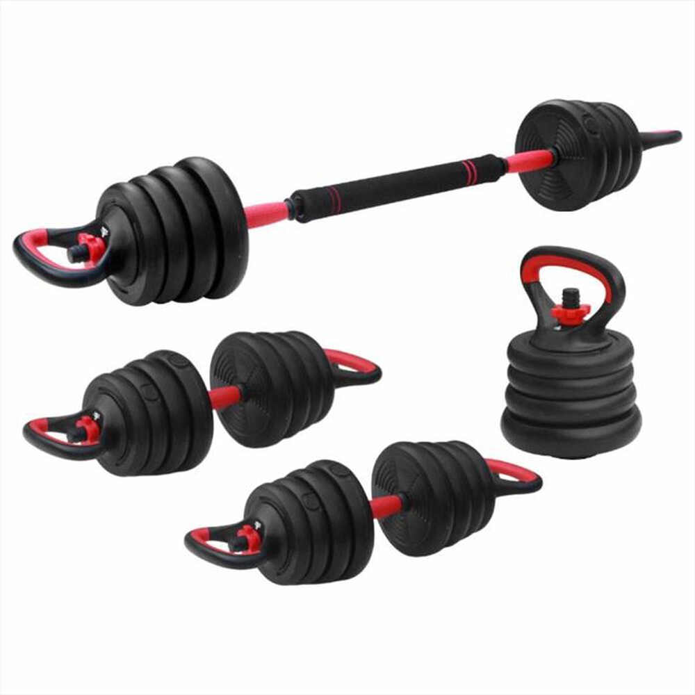 "FITPADDY - KIT DUMBBELL + BARBELL + KETTLEBELL 15 KG-nero / rosso"