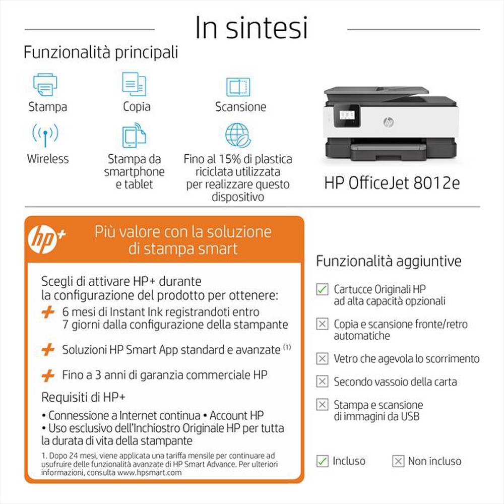 "HP - Multifunzione OFFICEJET 8012E con Instant Ink-Cement"