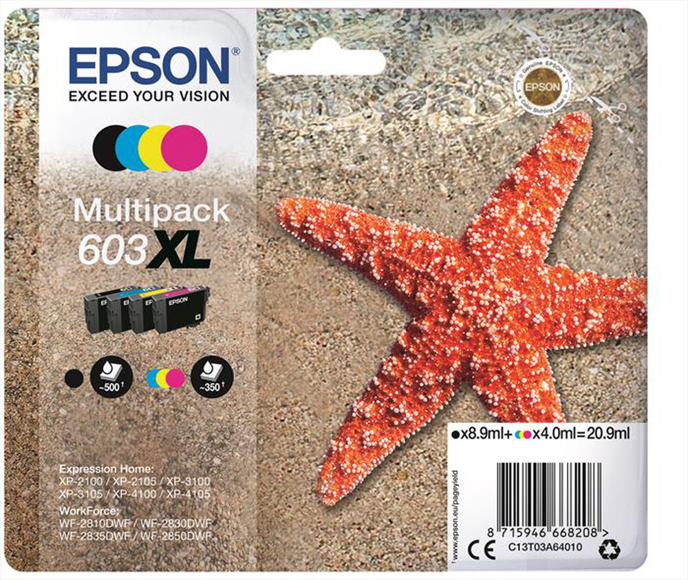 "EPSON - 603 STELLA MARINA T03U XL MULTIPACK 4 COLORI-Nero, ciano, magenta, giallo"