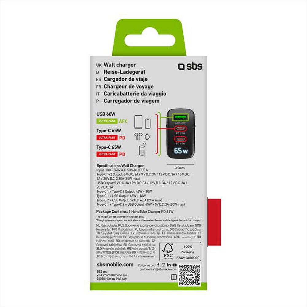 Immagine del prodotto SBS - GaN charger 65W 2 C + 1 USB + LCD-Nera