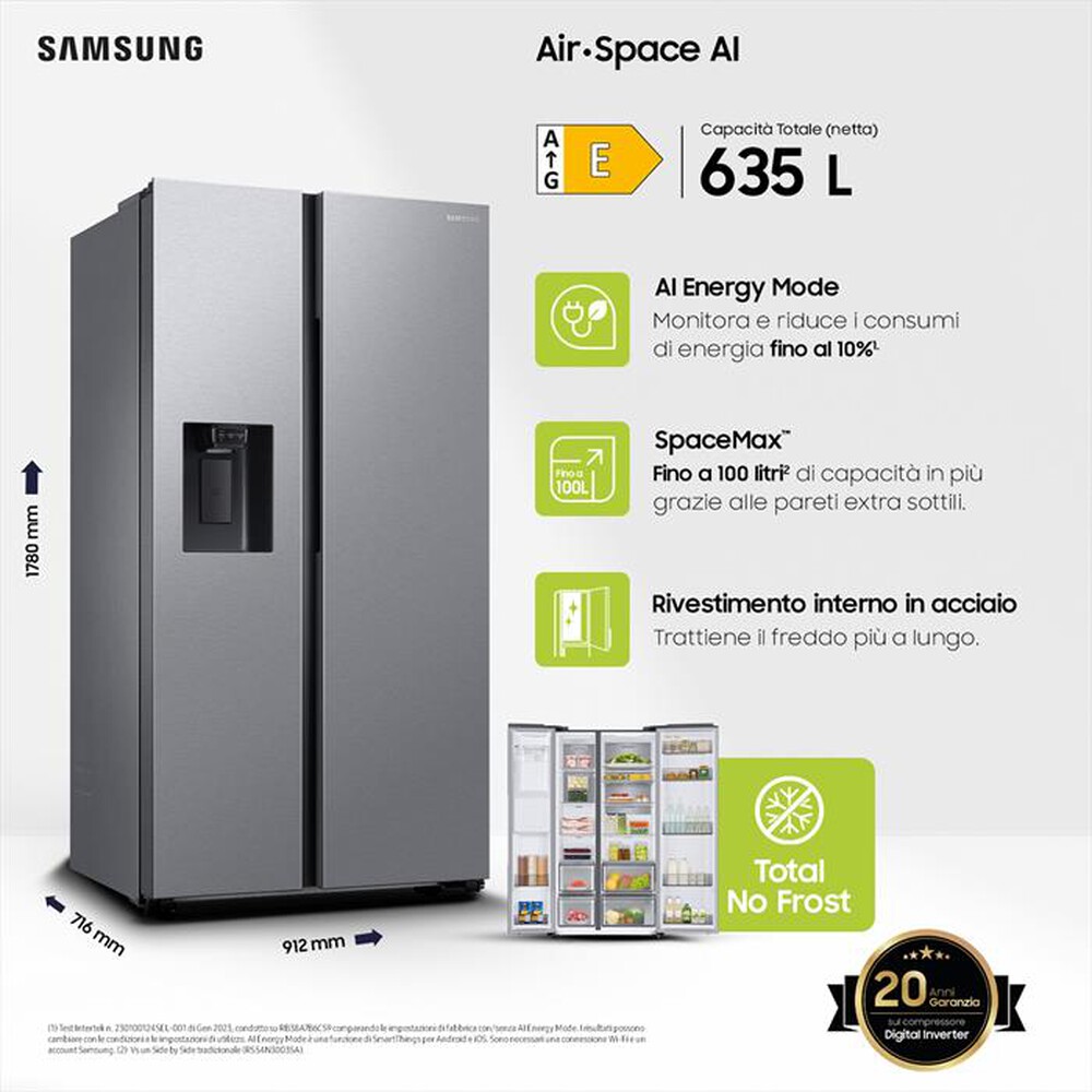 "SAMSUNG - Frigorifero side by side RS65DG54M3SLEF Classe E-Inox"