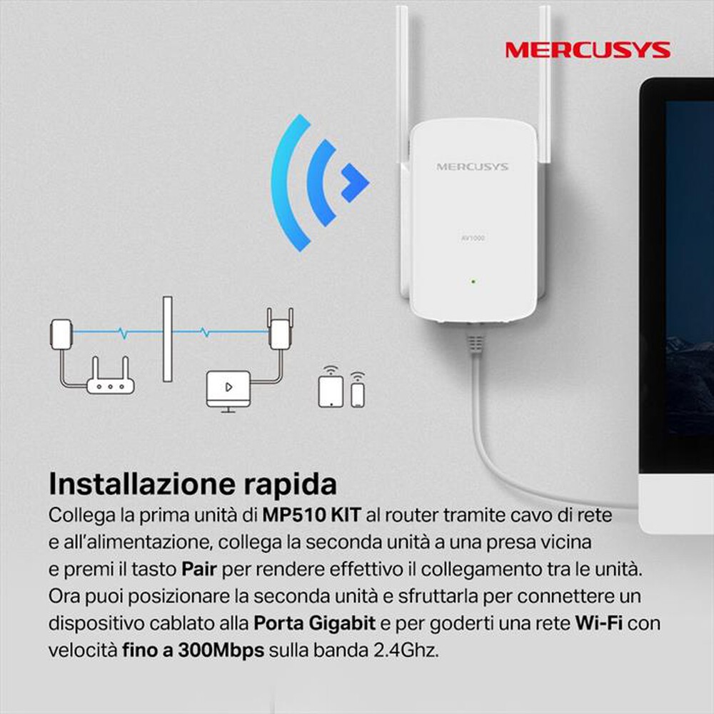 "MERCUSYS - AV1000 GIGABIT POWERLINE WIFI KIT-bianco"