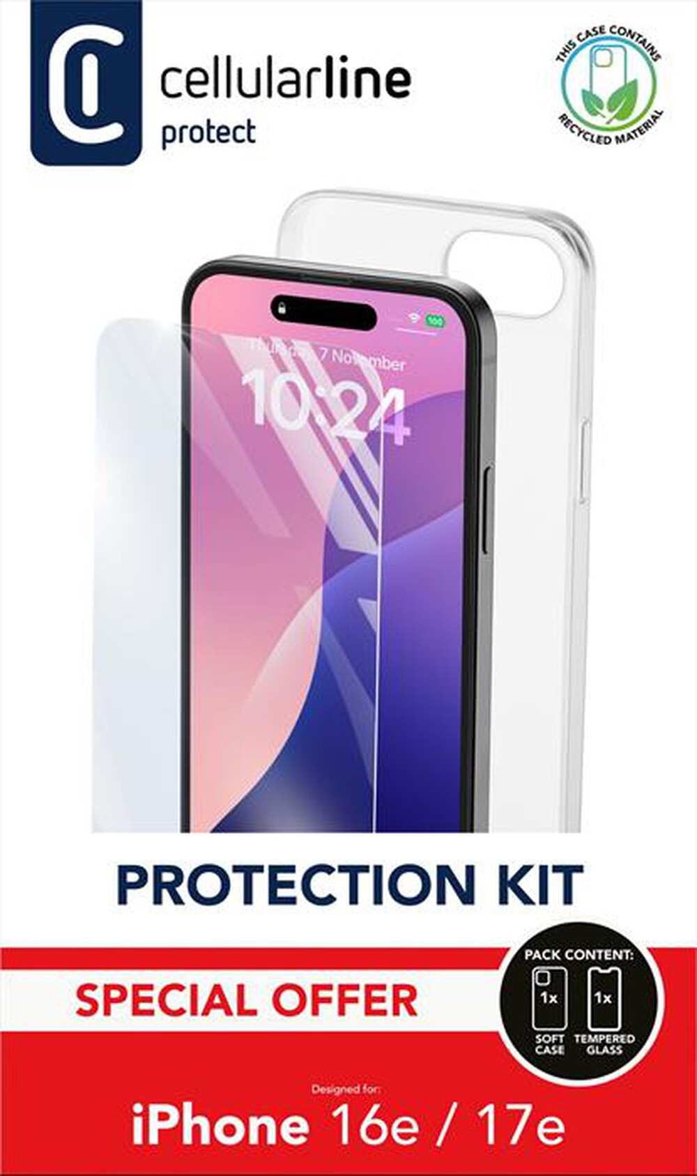 Immagine del prodotto CELLULARLINE - Kit accessori PROTECTION KIT per iPhone 16E/17E-Trasparente