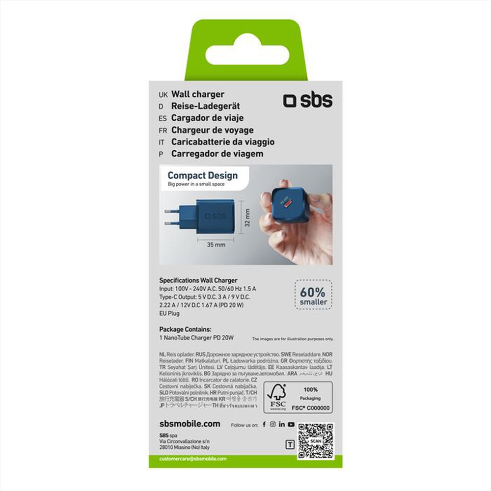 "SBS - Caricatore da rete TETRGAN1C20B-Blu"