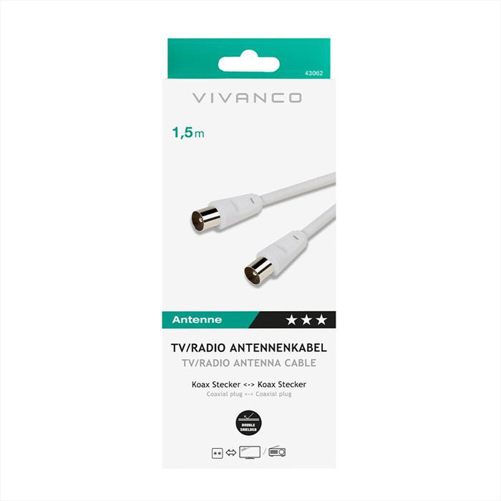 Immagine del prodotto SBS - Aerial lead,plug-plug,>50dB 1,5m-Bianco