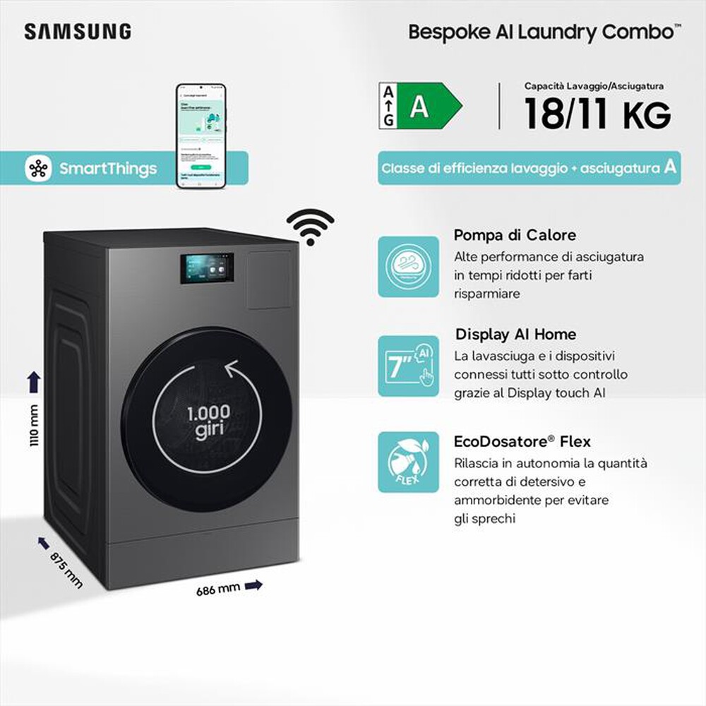 Immagine del prodotto SAMSUNG - Lavasciuga WD18DB8995BZT2 18/11 Kg Classe A-Dark Silver Steel -obl&ograve; Nero