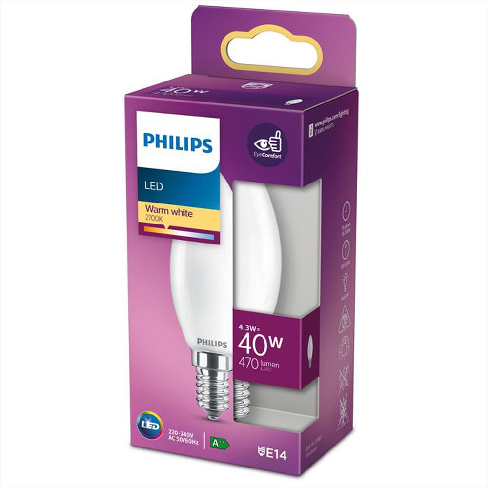 "PHILIPS - LED OLIVA E SFERA 4,3 W 40 W E14 LUCE BIANCA CALDA"