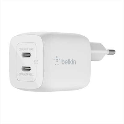 BELKIN - CARICABATTERIA DA PARETE DOPPIO GAN USB-C PPS 45W-Bianco,  BELKIN - CARICABATTERIA DA PARETE DOPPIO GAN USB-C PPS 45W-Bianco