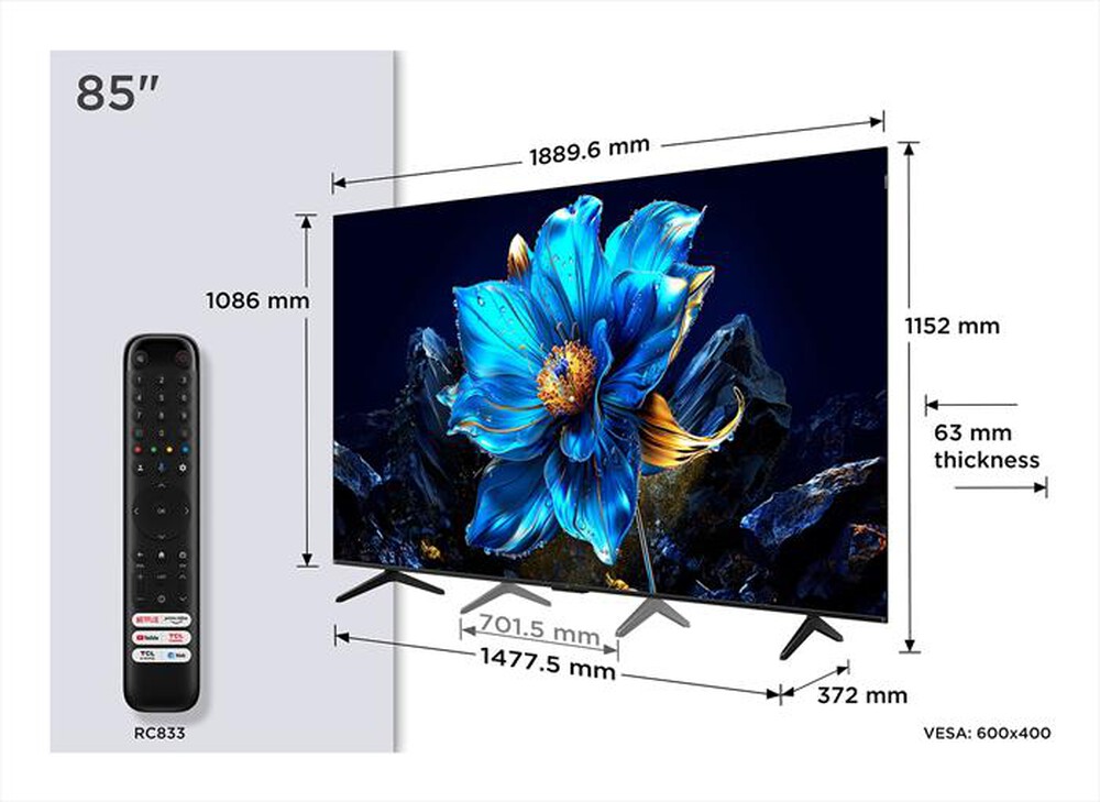 Immagine del prodotto TCL - Smart TV Q-LED UHD 4K 85" 85P79K-Metallico