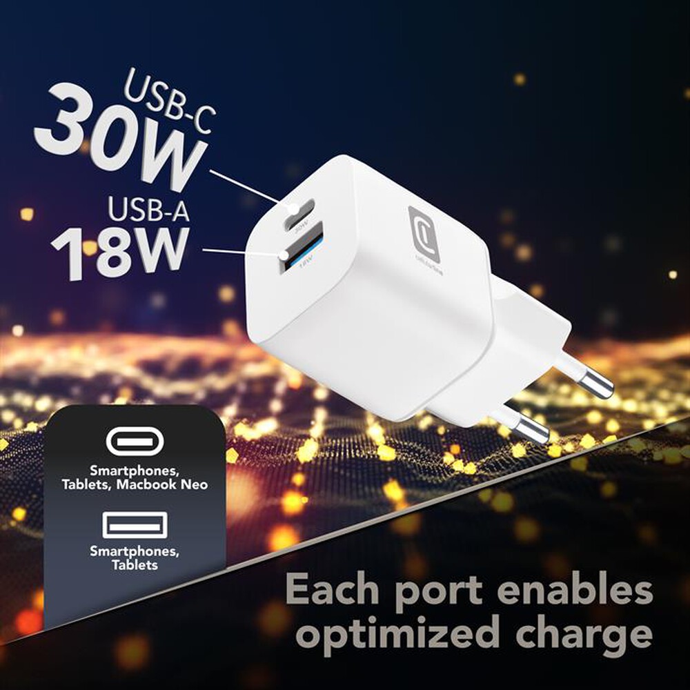Immagine del prodotto CELLULARLINE - Caricabatterie GaN+ 30W Multiporta USB-A+C-Bianco