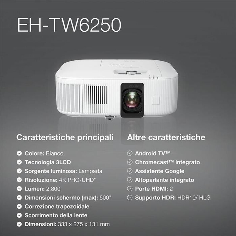 Immagine del prodotto EPSON - Videoproiettore Home Cinema PRO-UHD 4K EH-TW6250