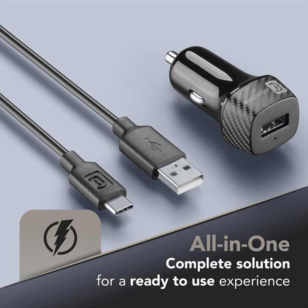 Immagine del prodotto CELLULARLINE - Caricabatterie auto 18W con porta USB-A/cavoUSB-C-Nero