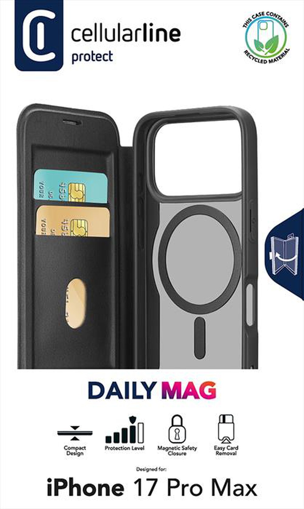 Immagine del prodotto CELLULARLINE - Custodia a libro DAILY MAG per IPHONE 17 PRO MAX-Nero, Trasparente