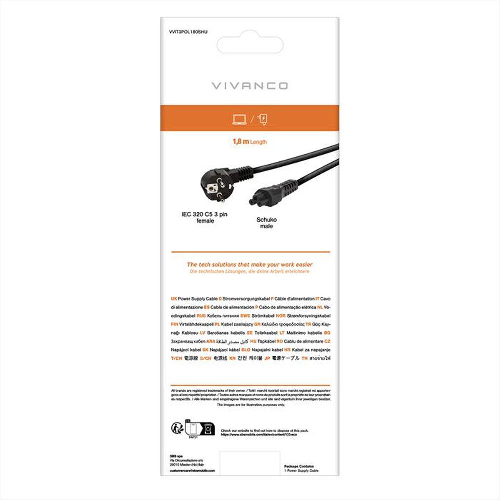 Immagine del prodotto SBS - Power supply cable,IEC 320 C5 3pin socket,1,8m-Nero