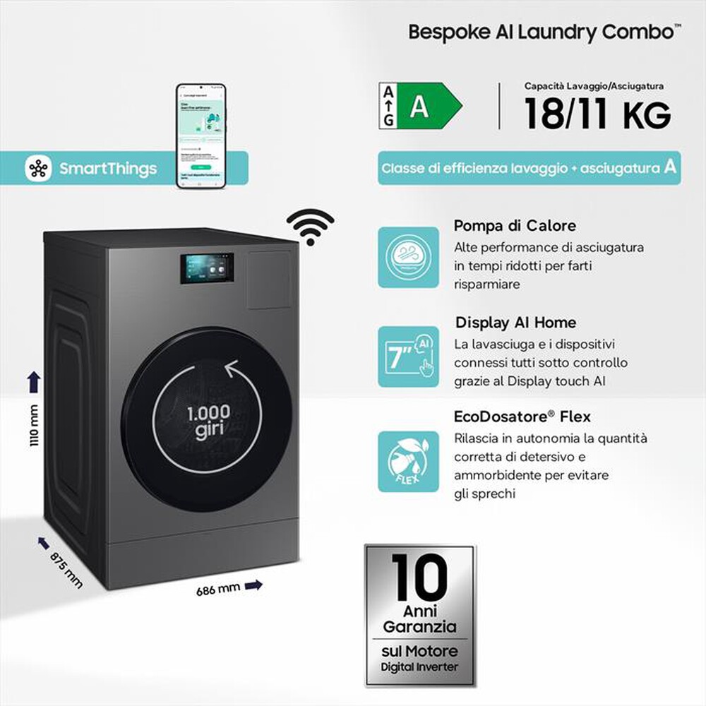 Immagine del prodotto SAMSUNG - Lavasciuga WD18DB8995BZT2 18/11 Kg Classe A-Dark Silver Steel -obl&ograve; Nero