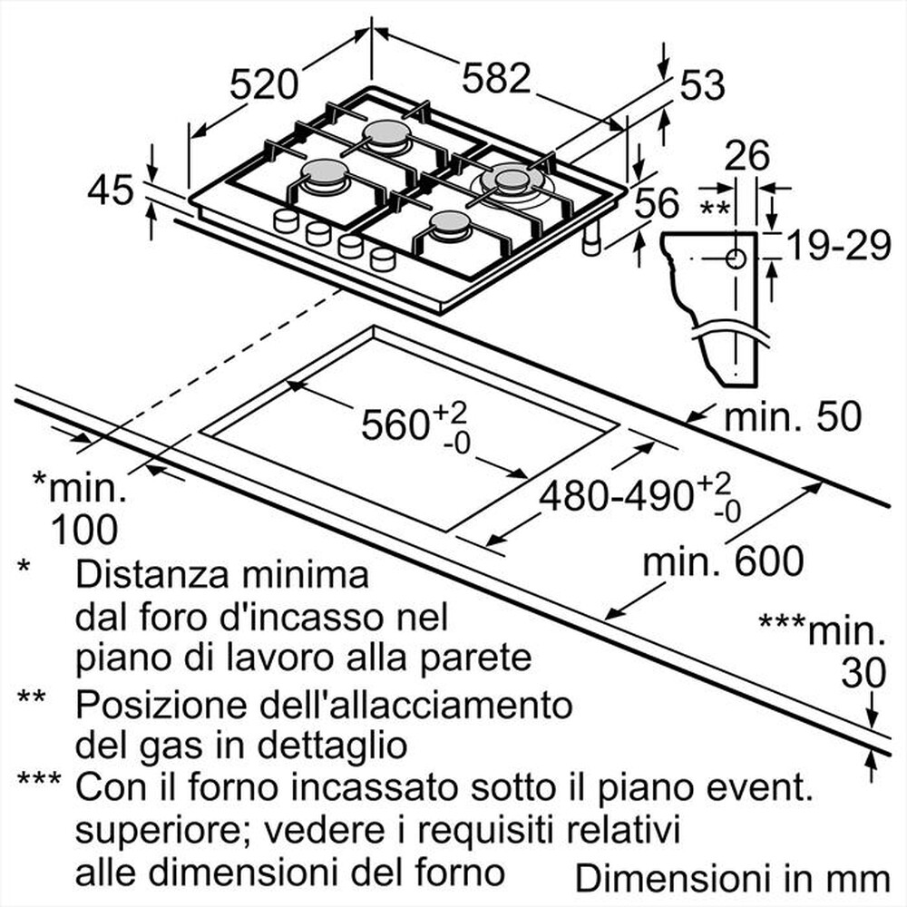 "BOSCH - Piano cottura a gas PCH6A5B90 4 fuochi 58,2cm-Acciaio inox"