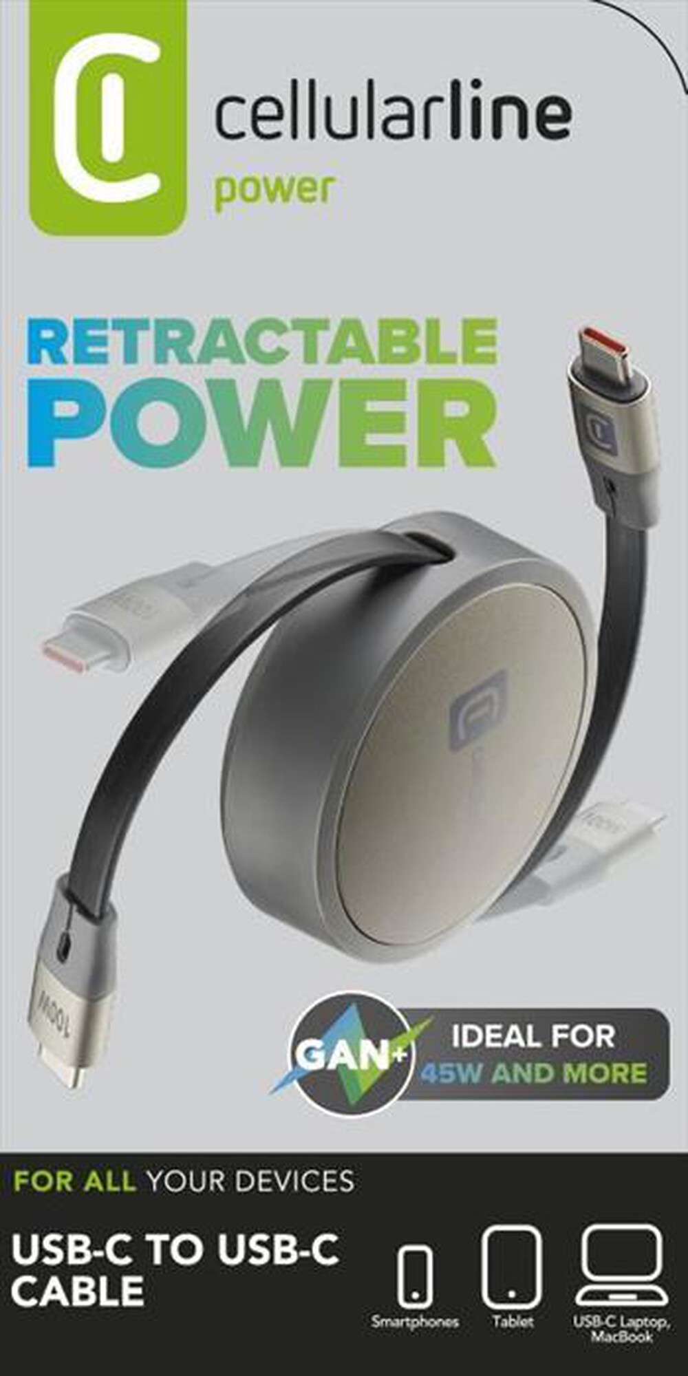 Immagine del prodotto CELLULARLINE - CAVO USB-C/USB-C RETRAIBILE-Grigio