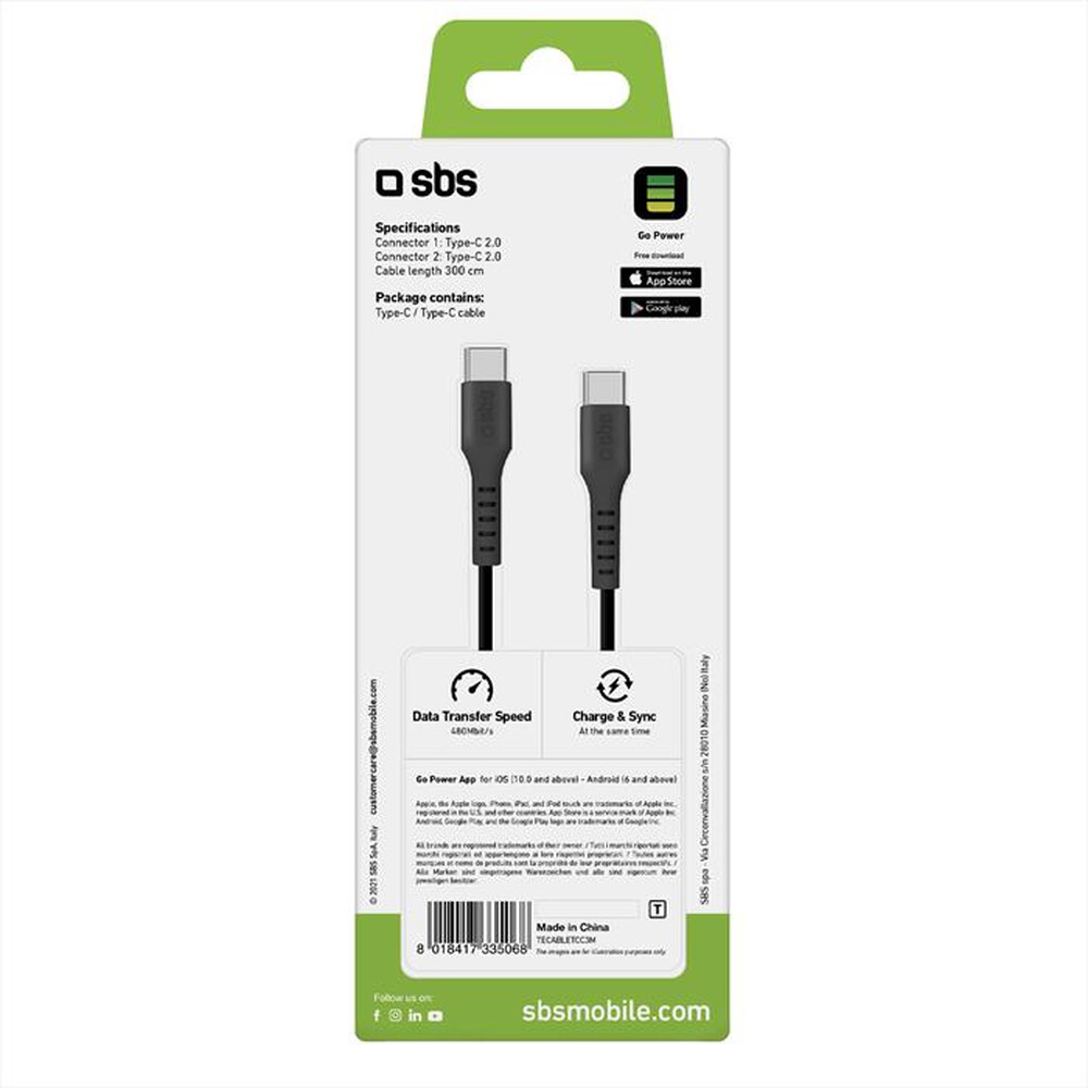 Immagine del prodotto SBS - Cavo Type C-C USB 2.0 TECABLETCC3M-Nero