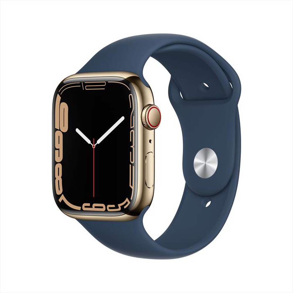 "APPLE - WATCH SERIES 7 GPS + CELLULAR 45MM IN ACCIAIO INOX-Oro Cinturino Sport Blu Abisso"