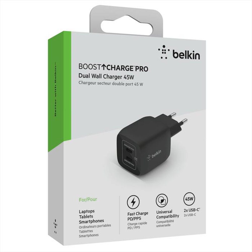 Immagine del prodotto BELKIN - CARICABATTERIA DA PARETE DOPPIO GAN USB-C PPS 45W-NERO