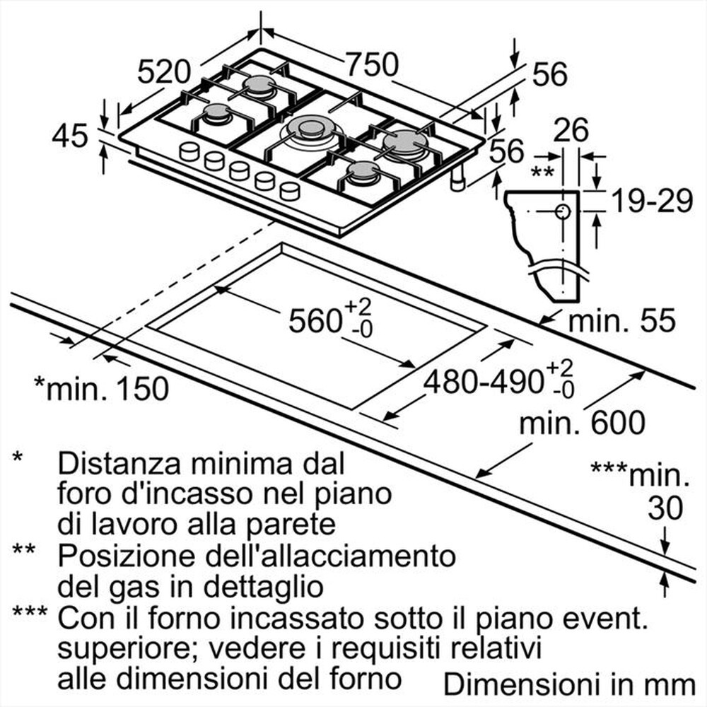 "BOSCH - Piano cottura a gas PGQ7B5B90 75cm-Inox"