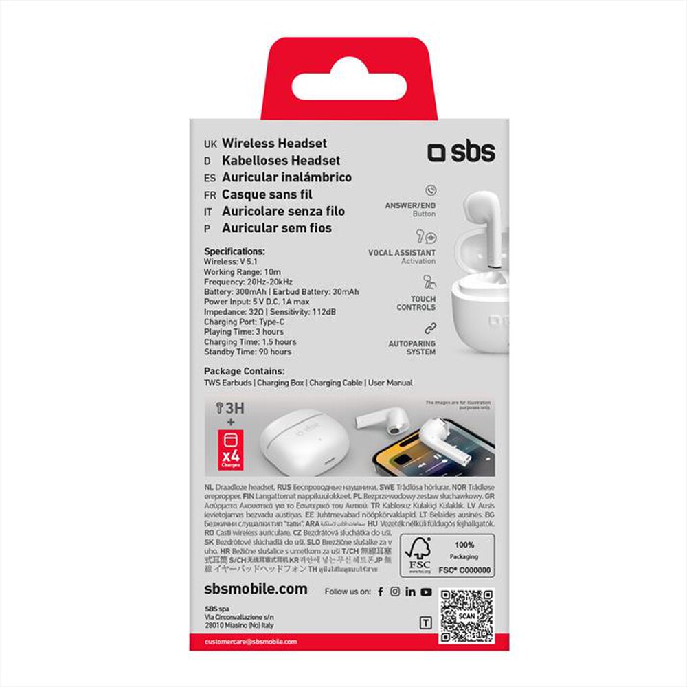 "SBS - Auricolare bluetooth TEEARTWSCOLW-Bianco"