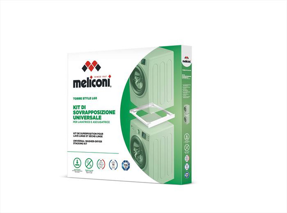 Base Universale Per Lavatrice E Asciugatrice Meliconi Extra L60 - Kit Sovrapposizione Con Cassetto 28L, Portata 250 Kg, Bianco