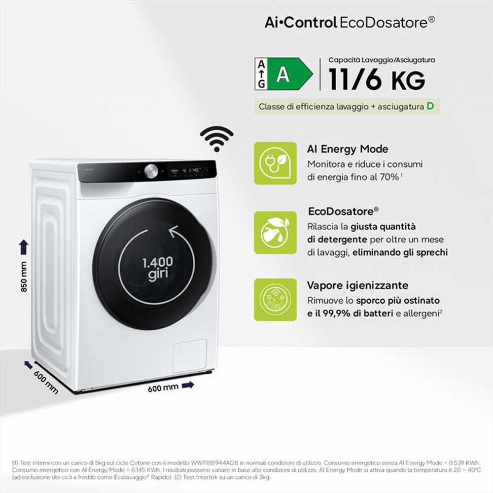 Immagine del prodotto SAMSUNG - Lavasciuga 11/6 Kg WD11DG6B85BKU3 Classe A-bianca con obl&ograve; e display nero