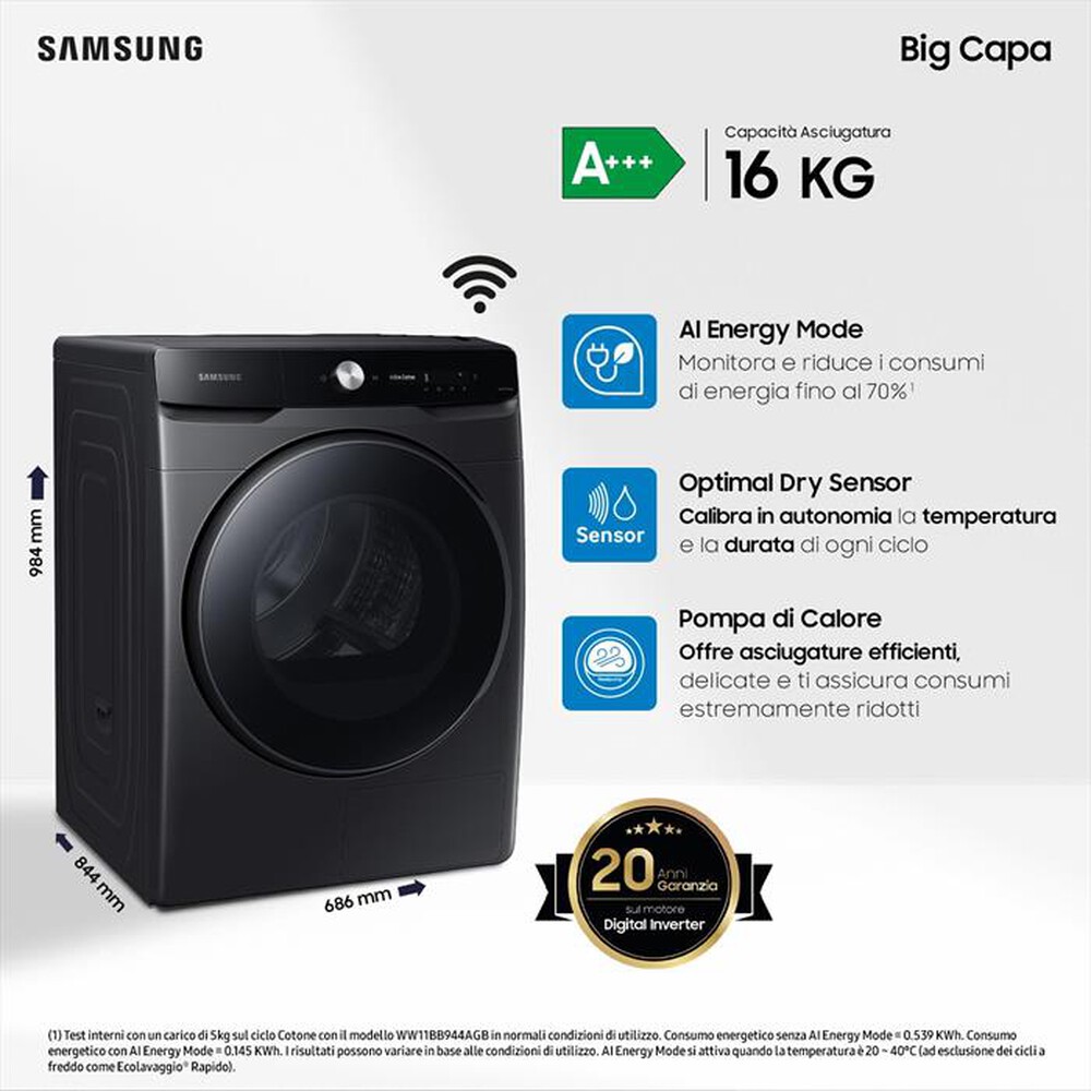 "SAMSUNG - Asciugatrice DV16DG8600BVU3 16KG Classe C-Nero"