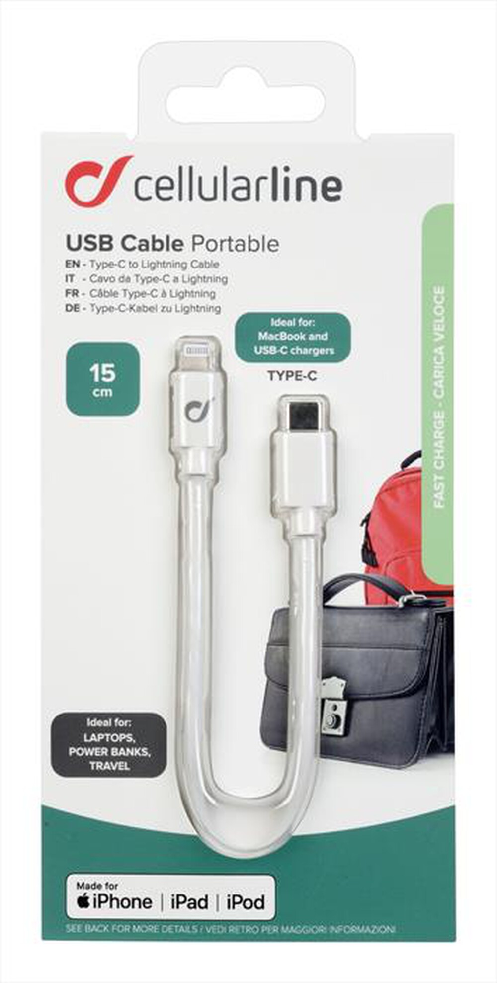 "CELLULARLINE - USBDATAC2LMFI15CMW USB Data Cable Portable-USB-C-Bianco"