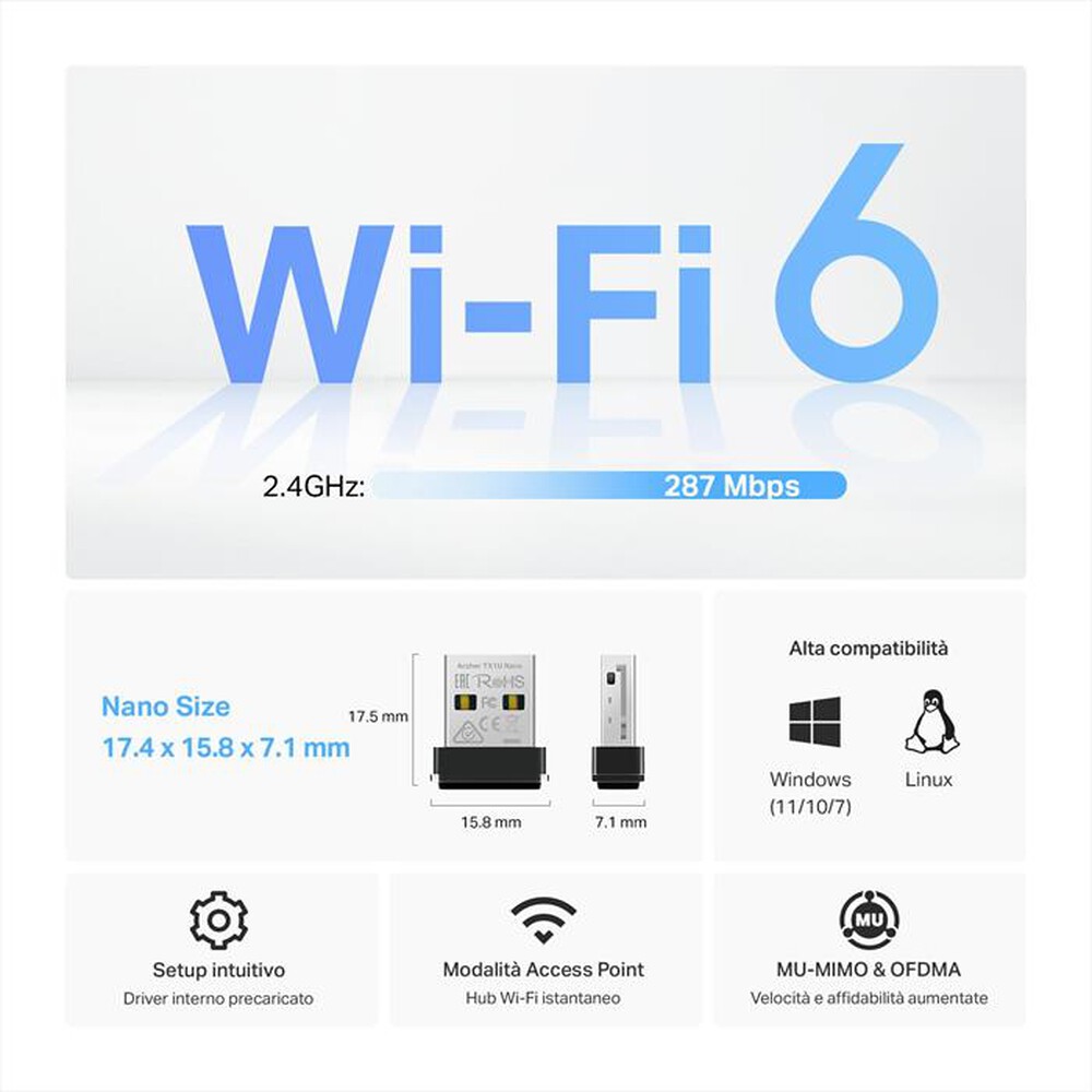 Immagine del prodotto TP-LINK - ARCHER TX1U NANO ADATTATORE USB WI-FI 6 AX300-nero