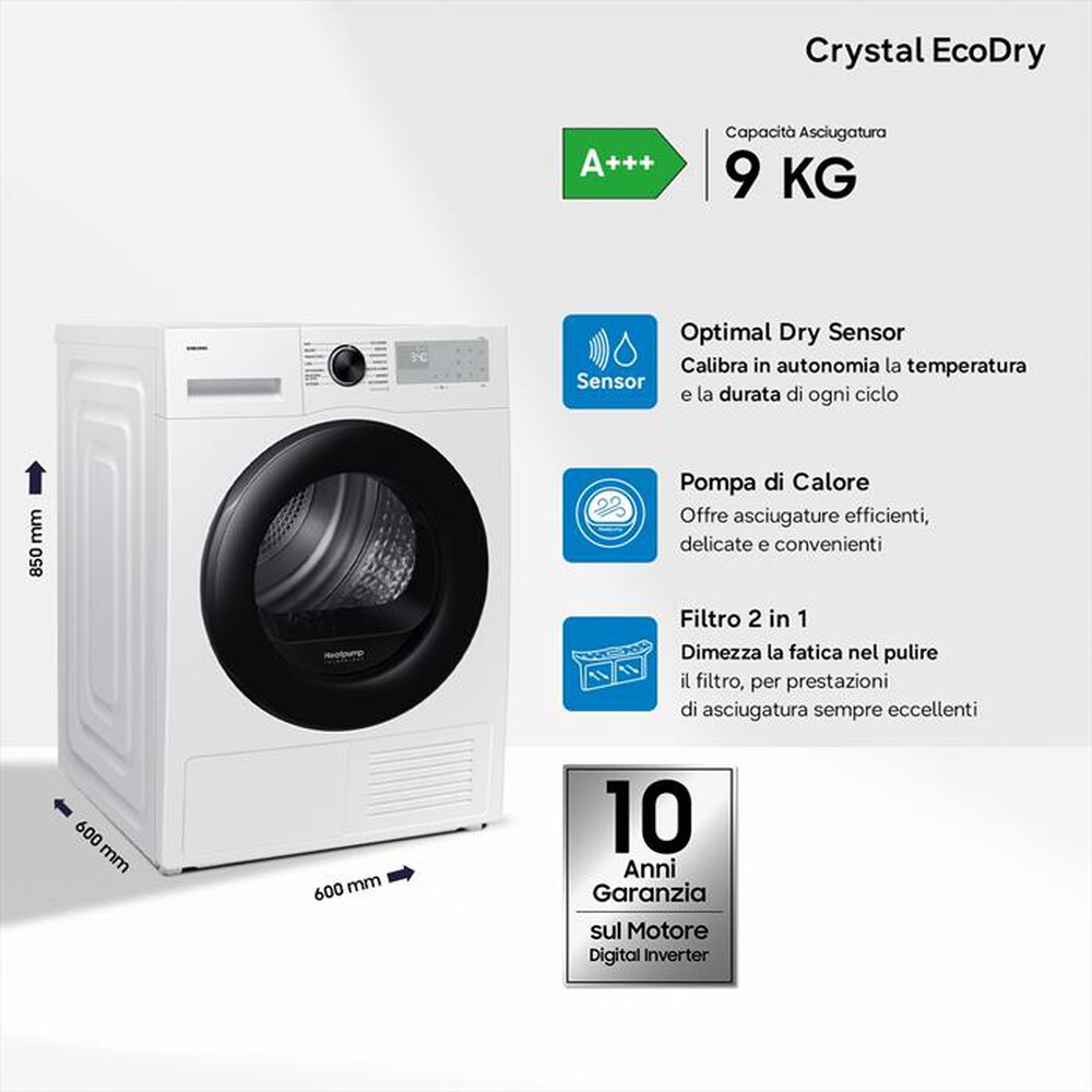 Immagine del prodotto SAMSUNG - Asciugatrice DV90DG52A0AHET 9KG Classe C-Bianco obl&ograve; nero display silve