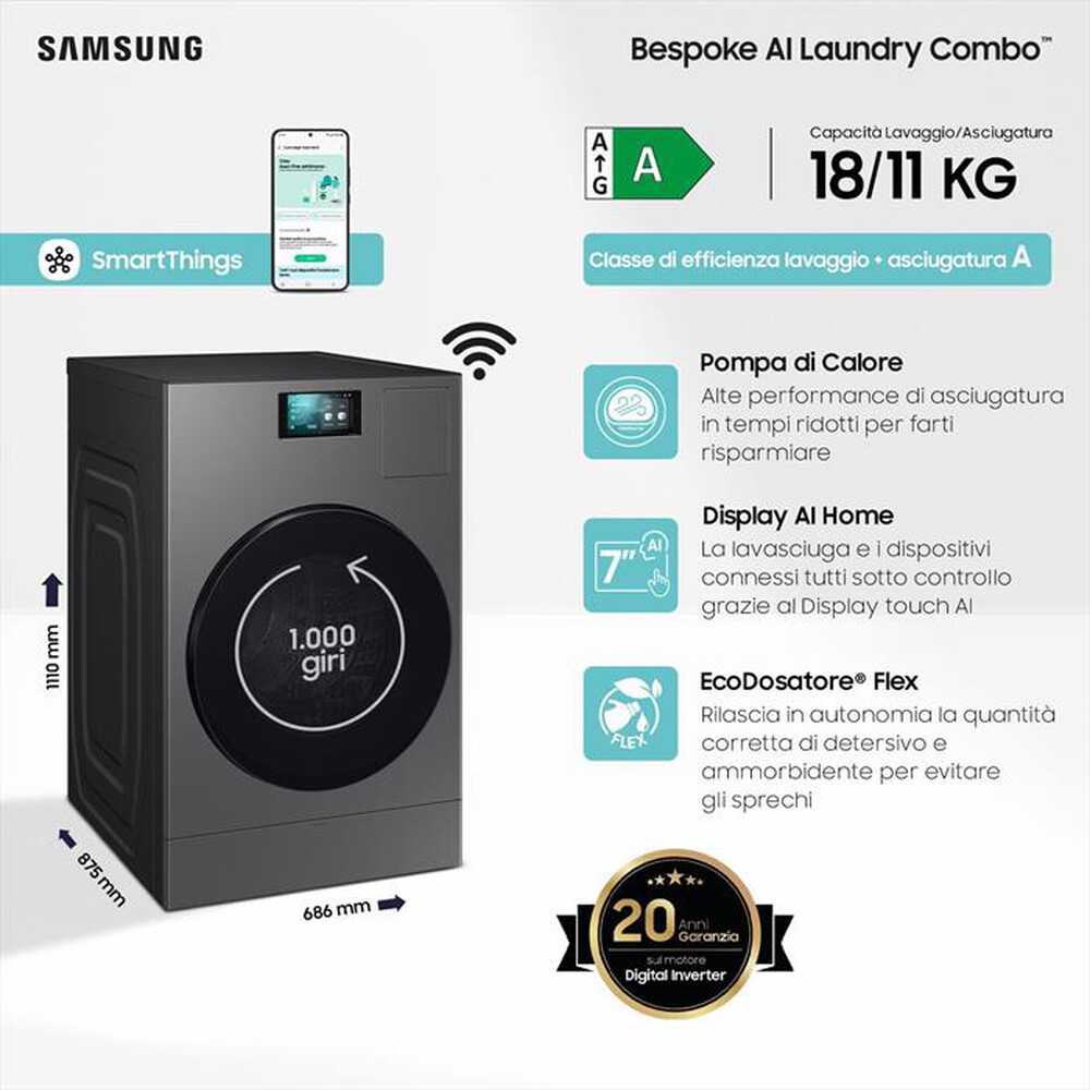 "SAMSUNG - Lavasciuga WD18DB8995BZT2 18/11 Kg Classe A-Dark Silver Steel -oblò Nero"