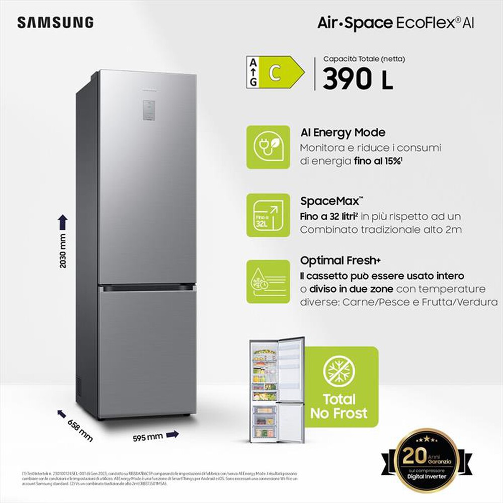 "SAMSUNG - Frigorifero combinato RB38C676CS9/EF ClasseC 390lt-METAL INOX"