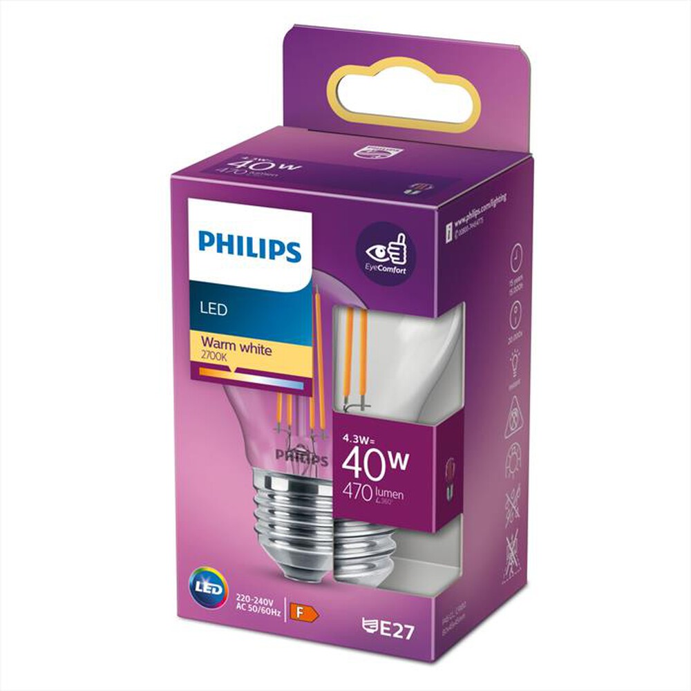 "PHILIPS - LED OLIVA E SFERA 4,3 W 40 W E27 LUCE BIANCA CALDA"