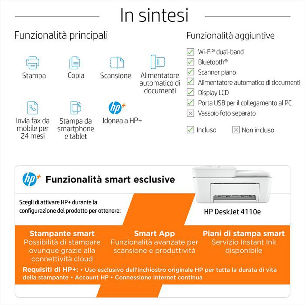 "HP - Multifunzione DESKJET PLUS 4110E con Instant Ink-Bianca"