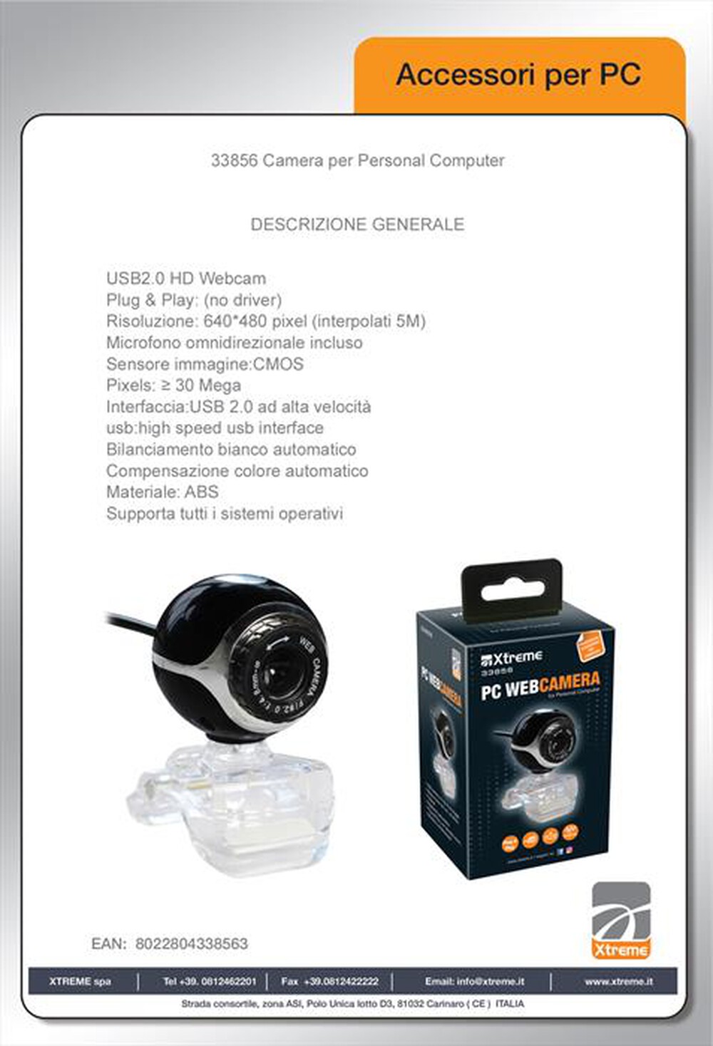 "XTREME - WEBCAM PC USB A PINZA-NERO"
