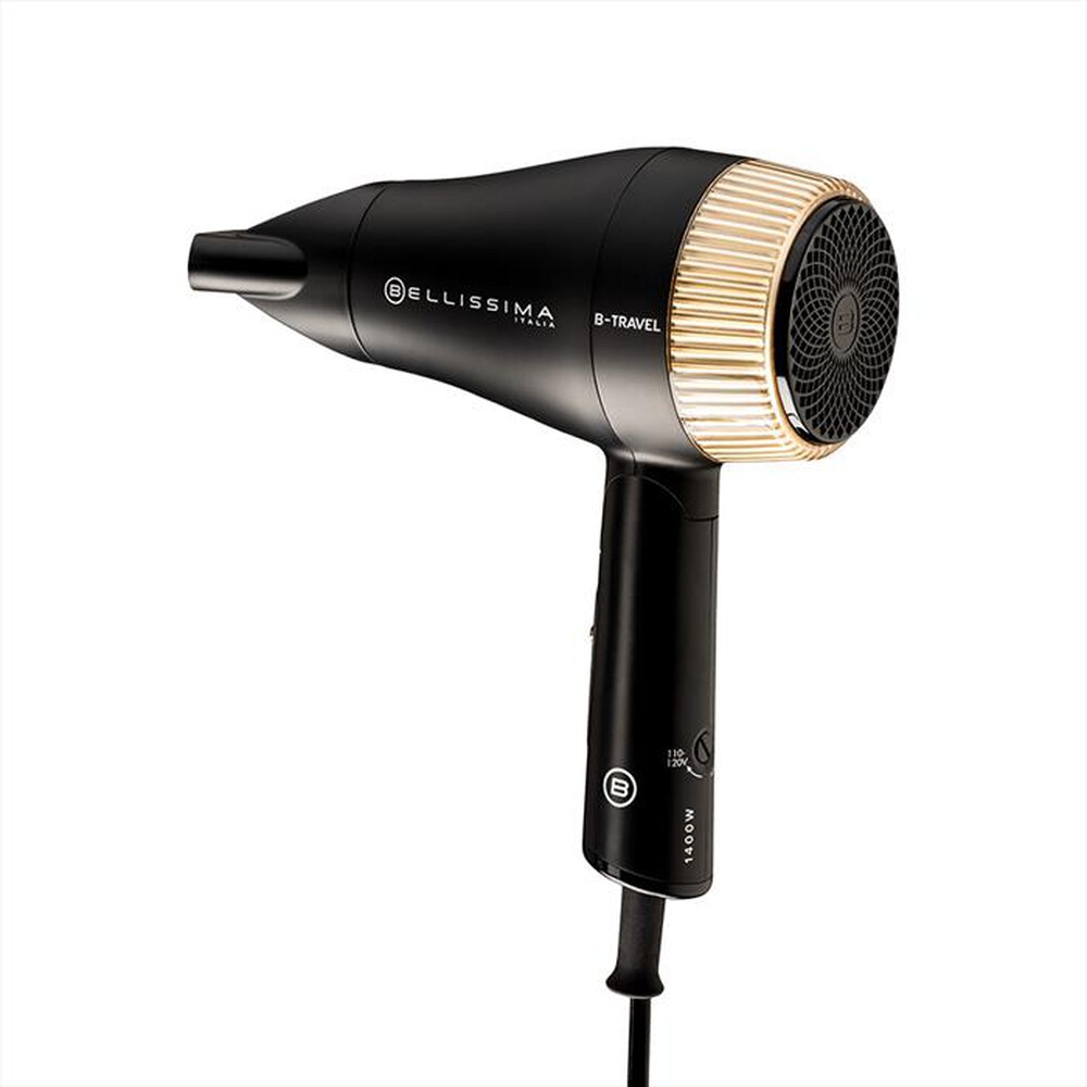 "BELLISSIMA IMETEC - ASCIUGACAPELLI DA VIAGGIO B-TRAVEL CON BEAUTY BAG-Nero, Oro"