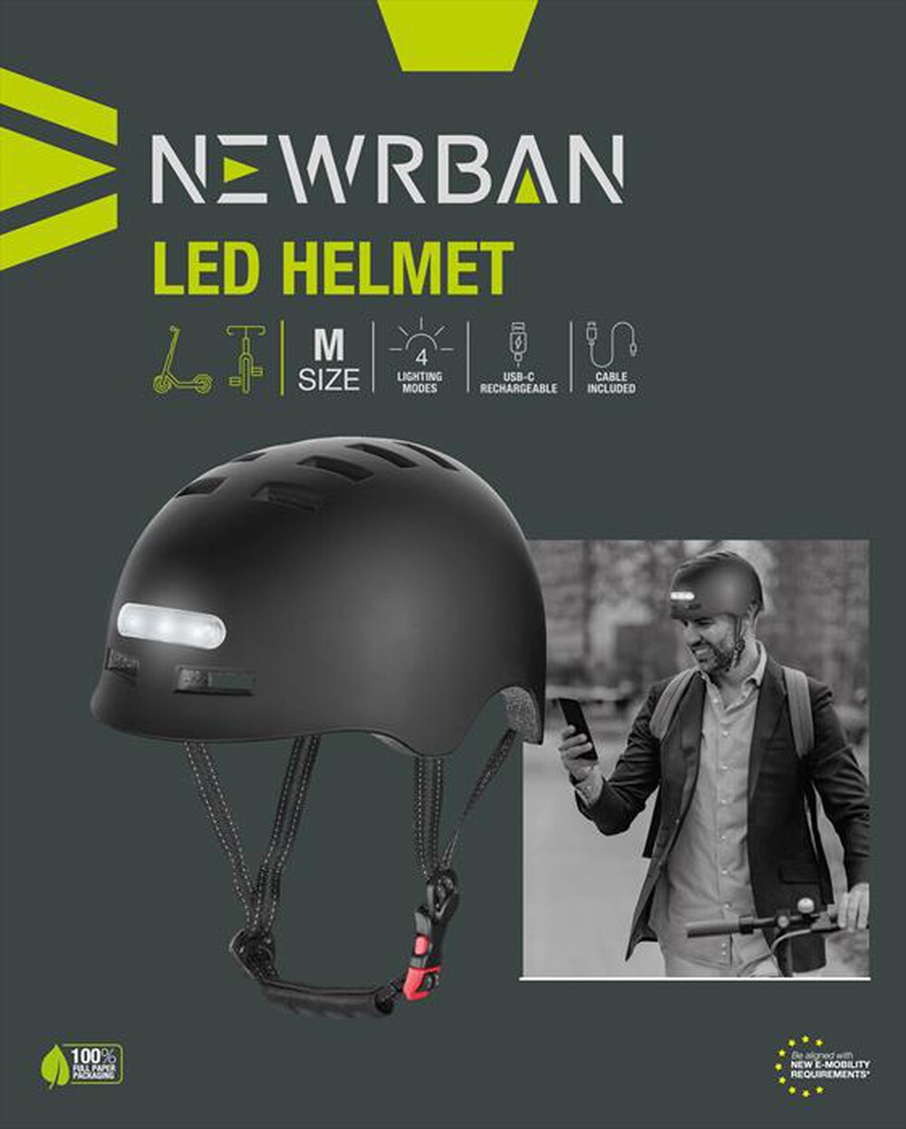 Immagine del prodotto NEWRBAN - Casco per adulti con led Taglia M NEWMLEDHELMETMK-Nero
