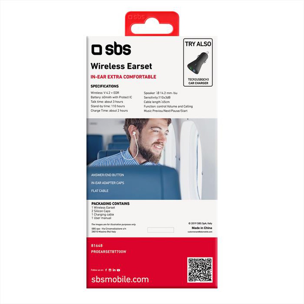 Immagine del prodotto SBS - Auricolare Bluetooth PROEARSETBT700W-BIANCO