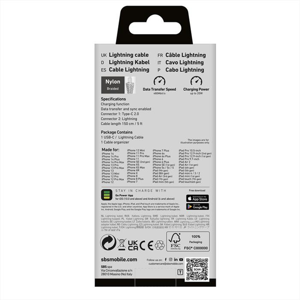 "SBS - Cavo tessuto type-C lightning TECABLETISSUETCLIGG-Bianco"