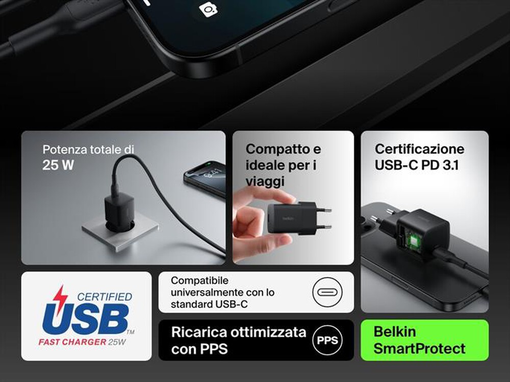 Immagine del prodotto BELKIN - Caricabatteria da parete USB-C da 25 W BoostCharge-Nero