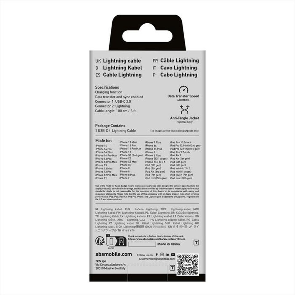 Immagine del prodotto SBS - Cavo USB-C - Lightning braided TECABLELIGTC1BW-Argento