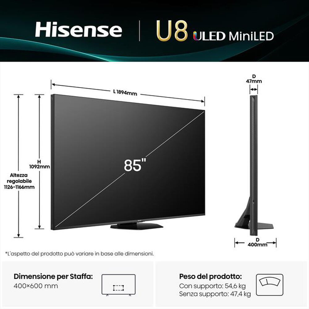 Immagine del prodotto HISENSE - Smart Tv Mini LED PRO 85" 4K Ultra HD 85U8Q 165Hz-Metallo - Grigio Carbone