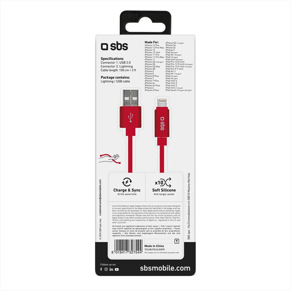 "SBS - TECABLPOLOLIG89R Cavo lightning-Rosso"