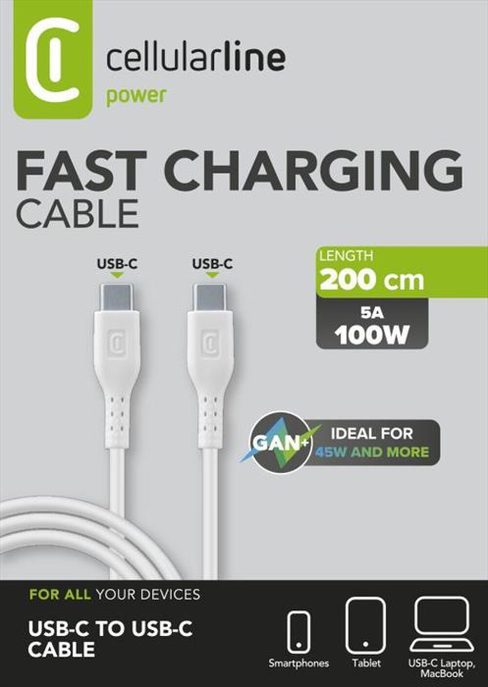 Immagine del prodotto CELLULARLINE - Cavo 5A da USB-C a USB-C da 200 cm-Bianco