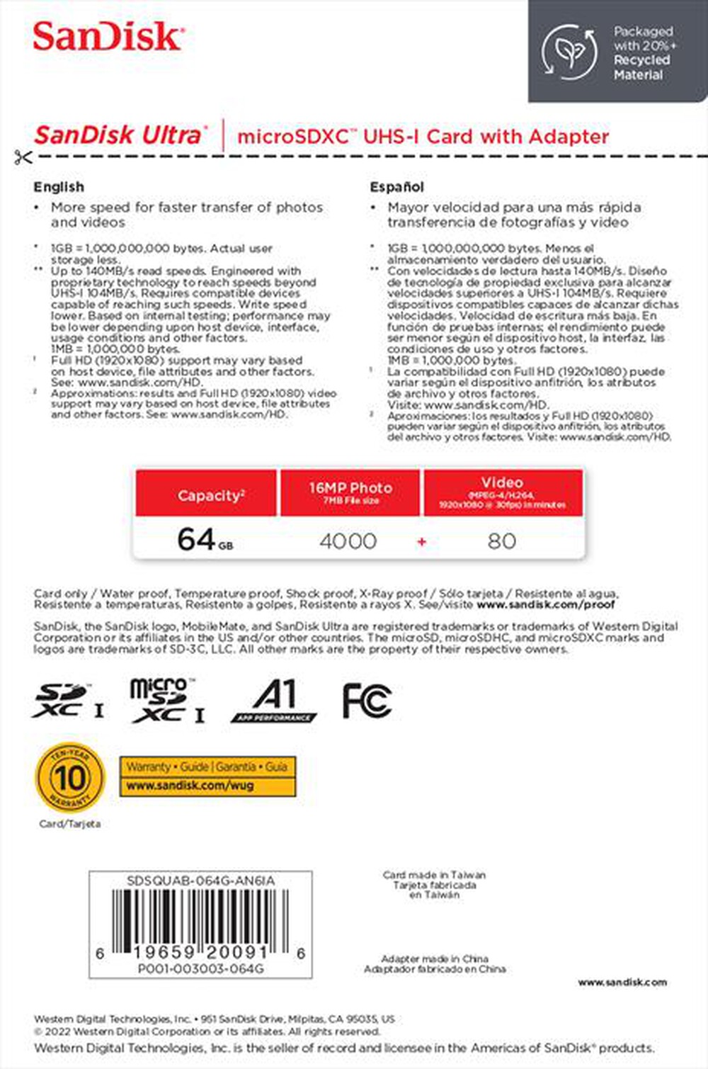 Immagine del prodotto SANDISK - MICROSD ULTRA A1 64GB + ADATT