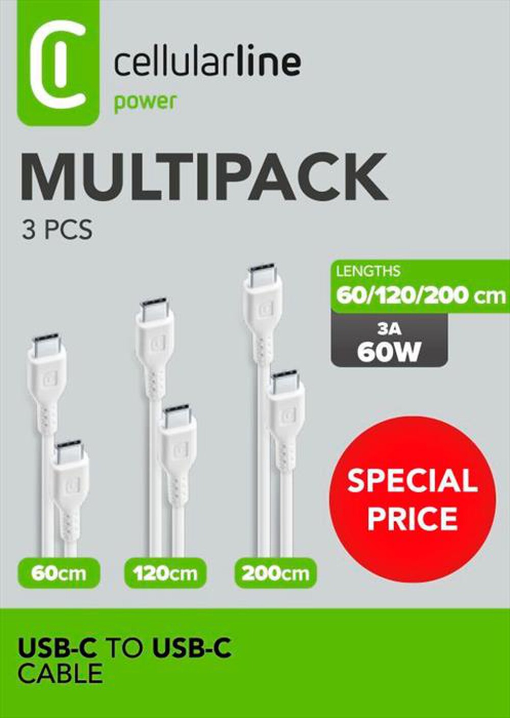 Immagine del prodotto CELLULARLINE - Multipack cavi USB-C a USB-C da 60/120/200cm-Bianco
